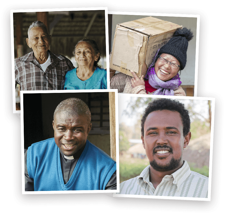 Four photos of smiling front line workers